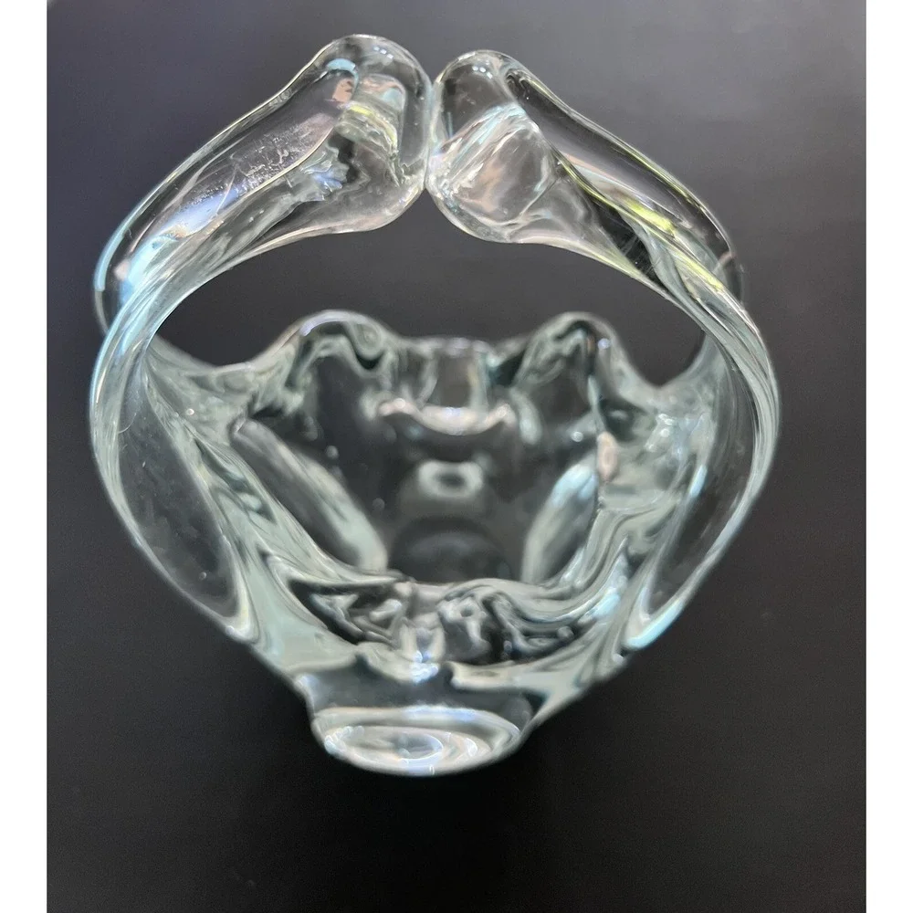 Vtg Hand Blown Clear‎ Glass Basket Split Handle Candy Dish Ashtray 7.5